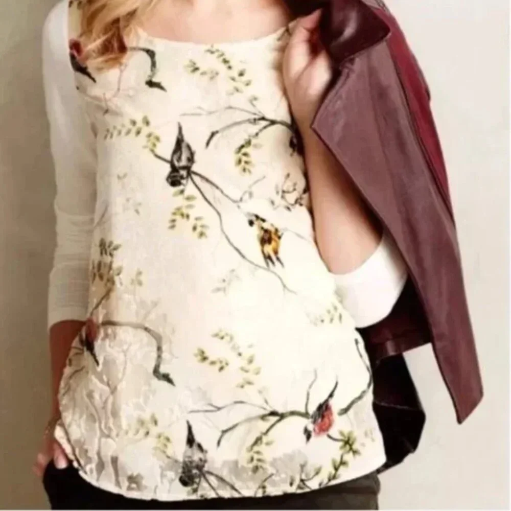 Anthropolgie Deletta Oak Song Bird Floral Velvet Gold Top size LARGE - Picture 3 of 4